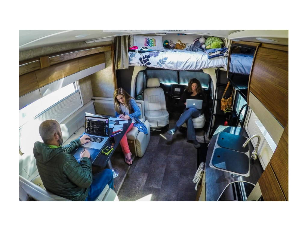 Peter and Abby sitting at dinette and Kathy sitting in passenger seat turned towards them. Peter and Kathy are on laptops and Abby is writing on note cards.
