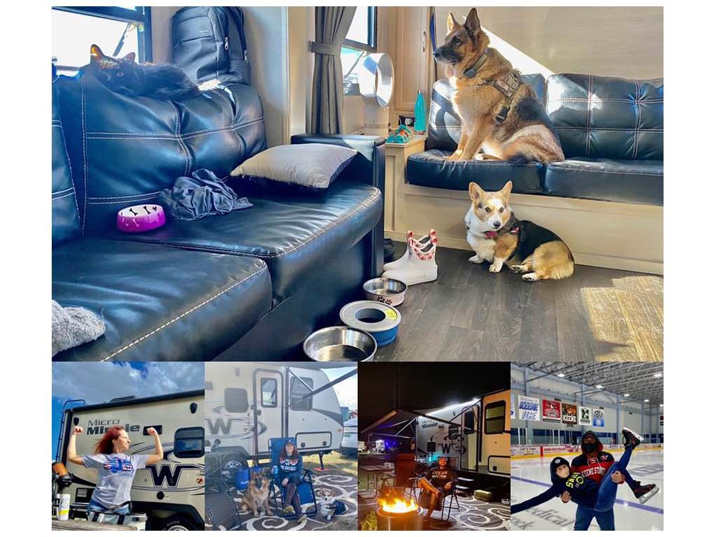 Photo collage of Roys and their two dogs traveling with Micro Minnie and EV