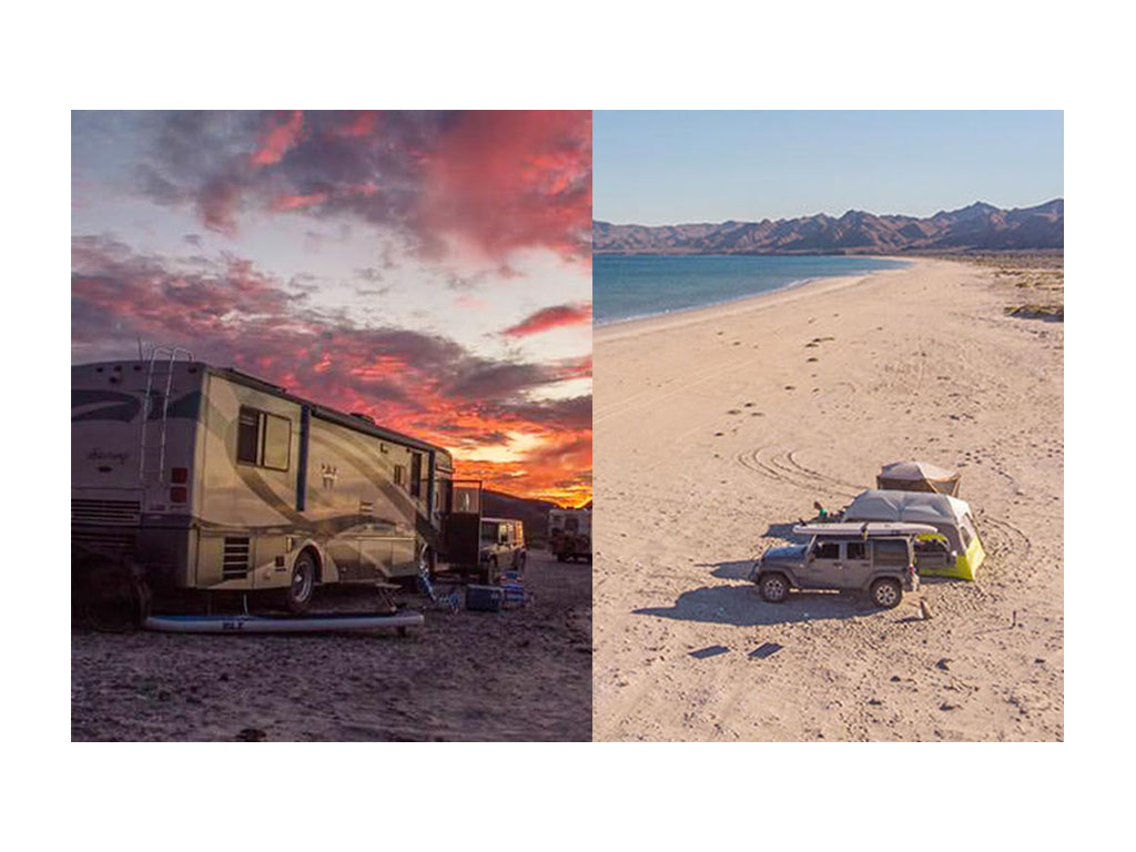 First photo: Winnebago Journey parked on beach. Second photo: Jeep with two tents parked on beach.