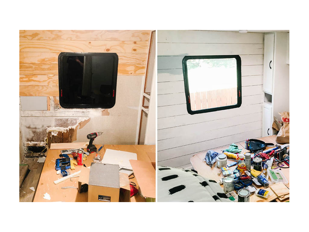 White paneling on interior of Minnie Winnie