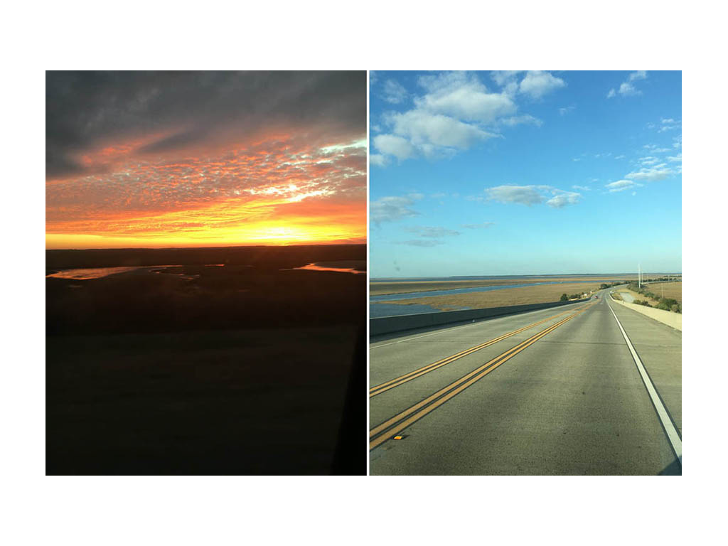 First photo: colorful sunset. Second photo: wide open road