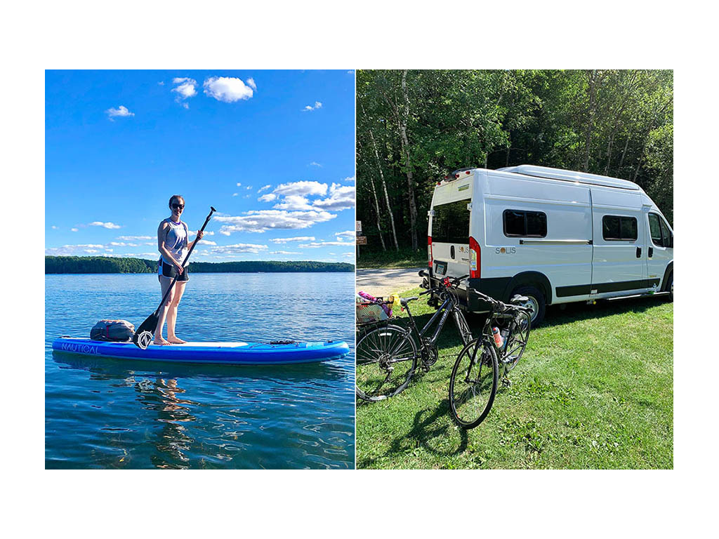 First photo: Lindsey on inflatable paddleboard. Second photo: Bikes parked behind Winnebago Solis