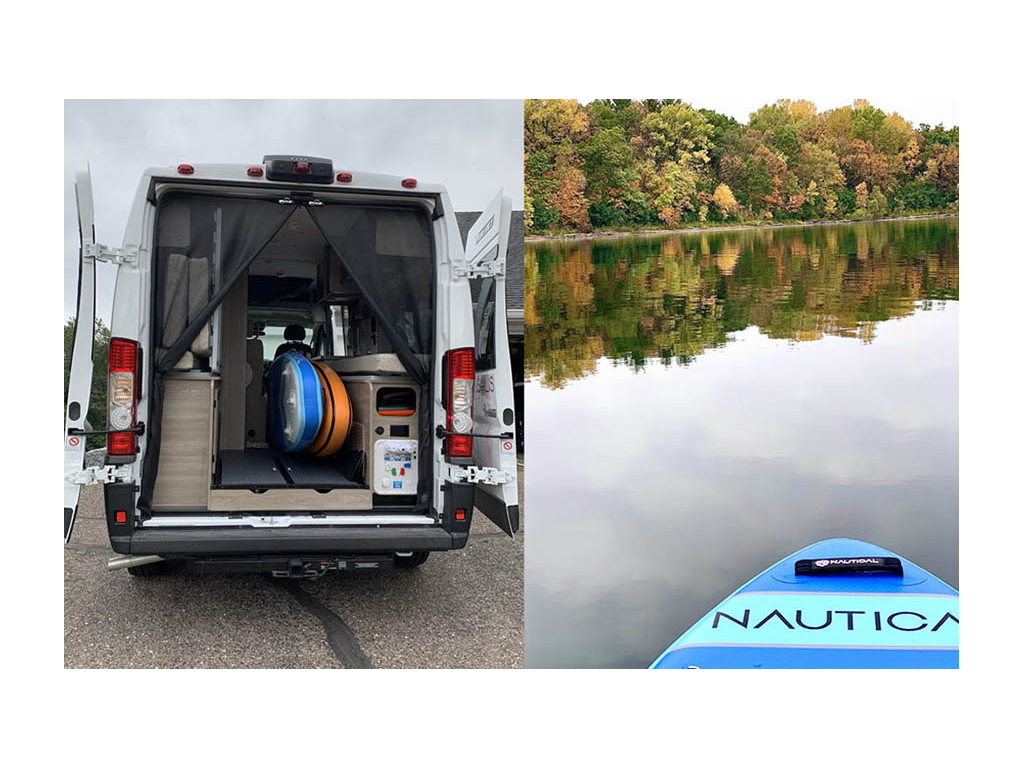 First photo: Winnebago Solis transporting two paddle boards in back. Second photo: Paddle board on water