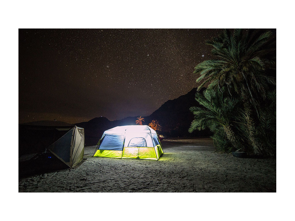 Tent camping on beach under stars and palm trees