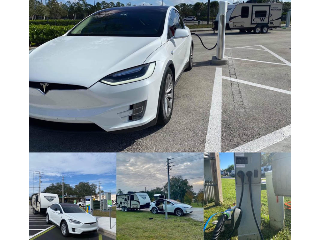 Photo collage of Tesla pulling Micro Minnie