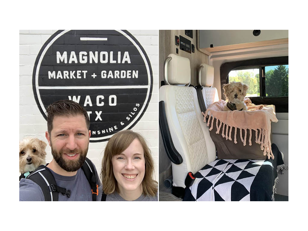 First photo: Lindsey and Dan in front of Magnolia sign in Waco, TX. Dan has their dog, Digger, in a backpack. Second photo: Digger sitting in booster chair on bench seat.