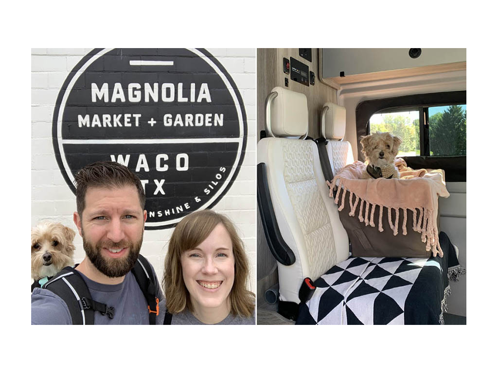First photo: Lindsey and Dan in front of Magnolia sign in Waco, TX. Dan has their dog, Digger, in a backpack. Second photo: Digger sitting in booster chair on bench seat.  