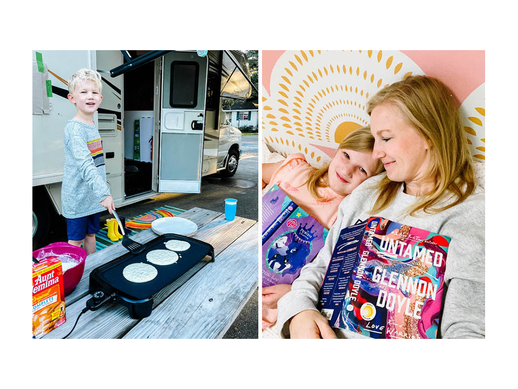 First photo: Child helping make pancakes on outdoor grill. Second photo: Tera and child reading books.