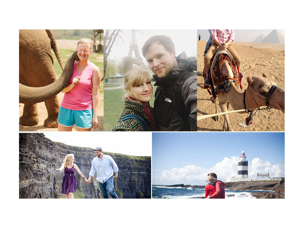 Photo collage of Tera and Wes traveling internationally