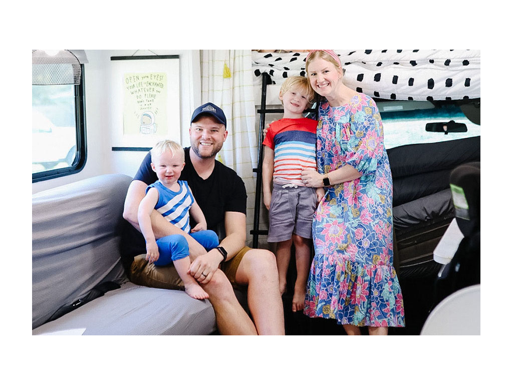 Tera and Wes with two children in renovated Minnie Winnie