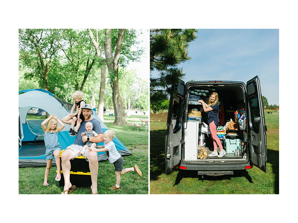 First photo: Wes with all four children sitting on totes in front of tent on grass. Second photo: Tera loading van