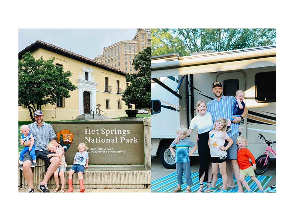 First photo: Wes with kids outside Hot Springs National Park. Second photo: Wages family smiling for photo outside of Minnie Winnie