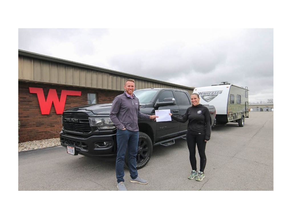 Warrior Expeditions picking up their towable from the Winnebago Towables factory in Middlebury, IN