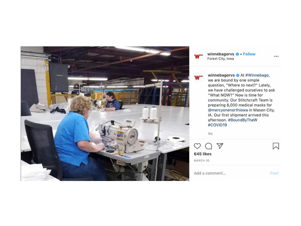 Winnebago Facebook post about sewing masks