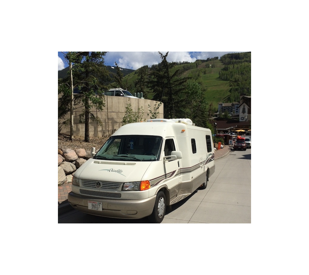 Winnebago Rialta parked on the side of the road in Vail.