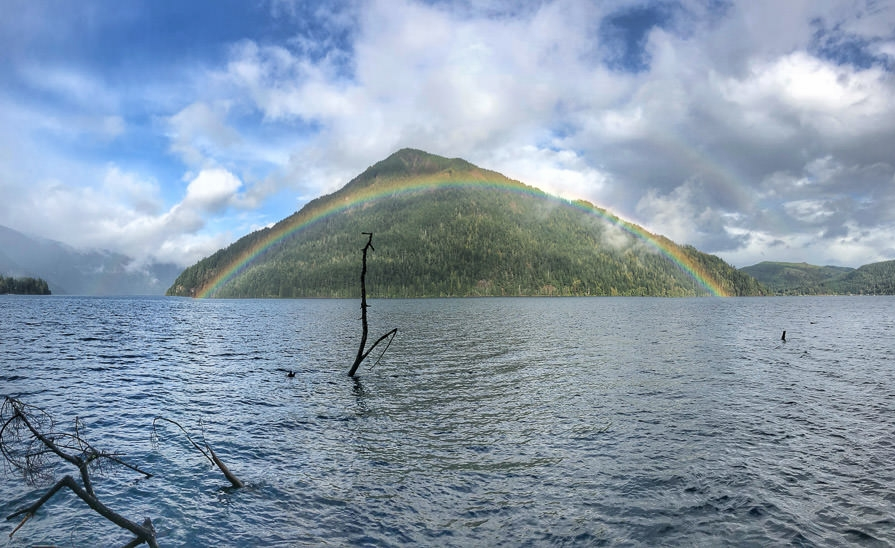 View across the water to a full rainbow in front of a tree covered hillside.