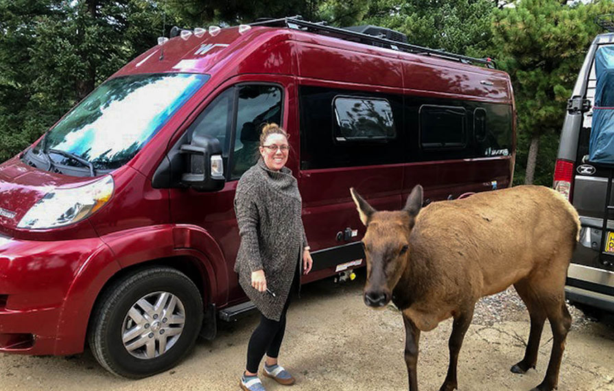 Jenny standing next to an elk with the new Travato behind them