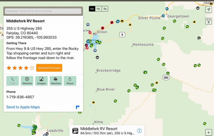 Allstays app showing RV camping and services nearby