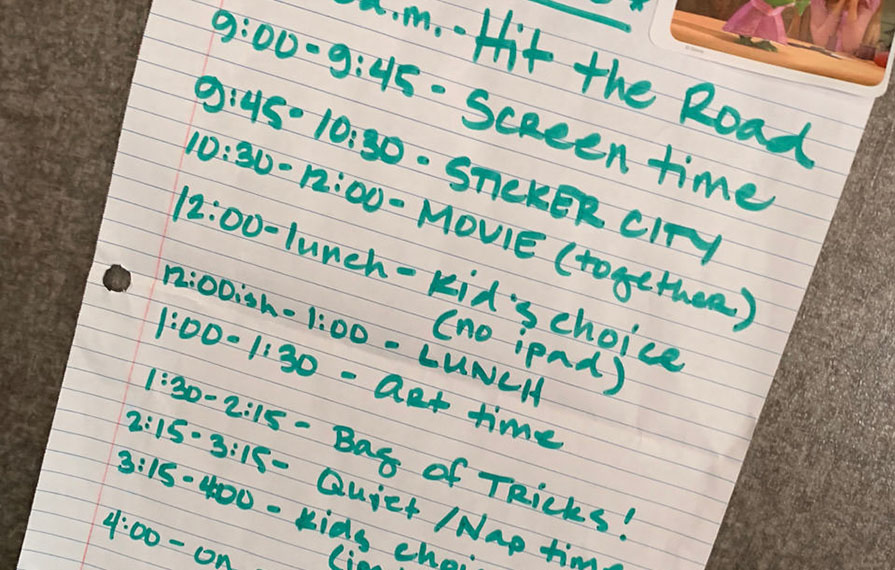 Driving day schedule written out on paper