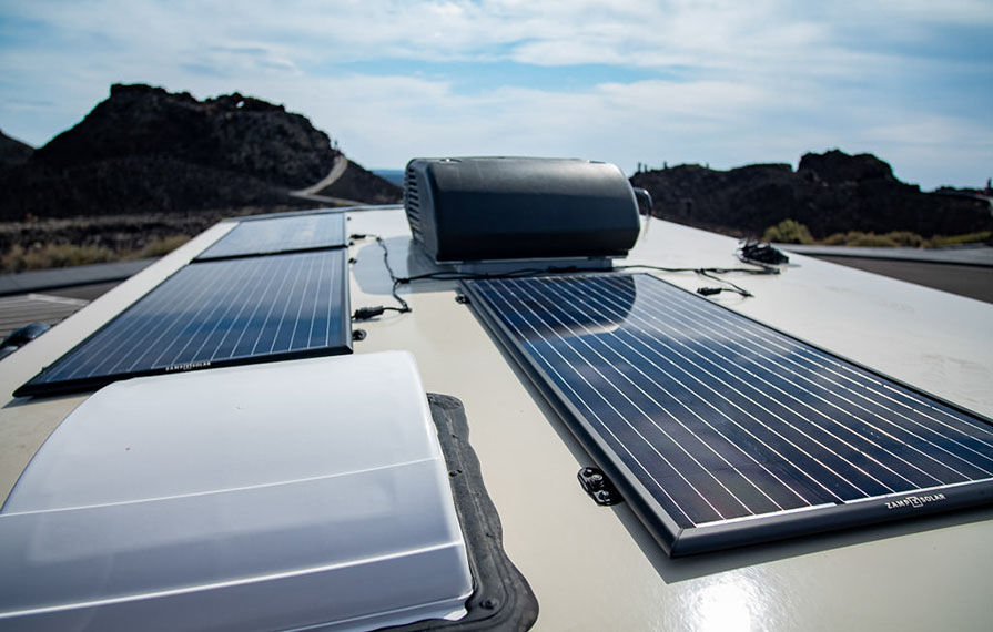 Solar panels on top of the Winnebago Adventurer