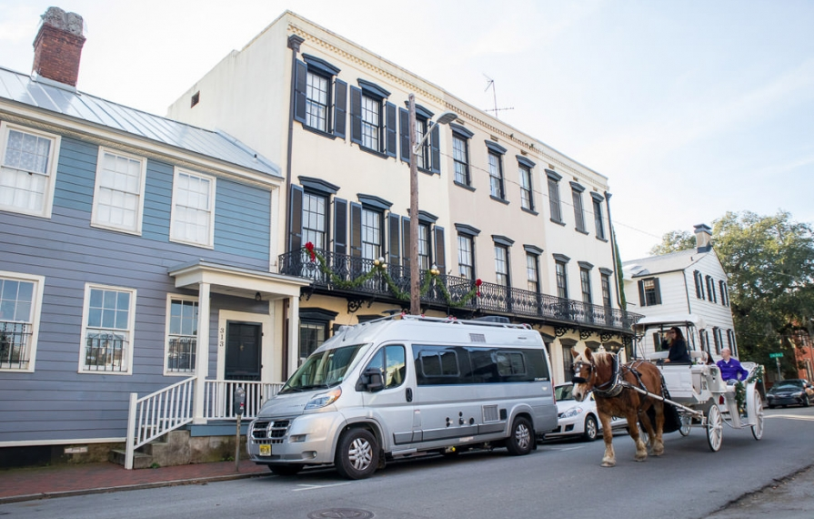 Winnebago Travato parked on a street in Savannah, GA.
