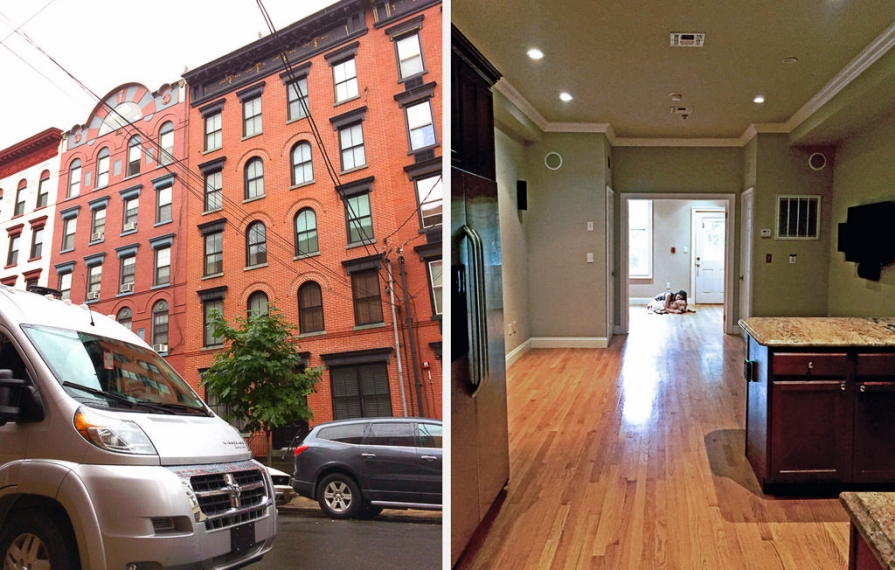 Winnebago Travato parked outside apartment building on the left, and woman with dog in an empty apartment on the right.