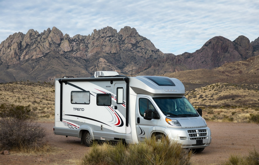 Winnebago Trend 3/4 view in mountainous, desert area