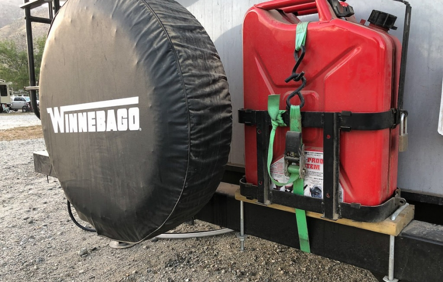 Detail view of mounted gas can holder