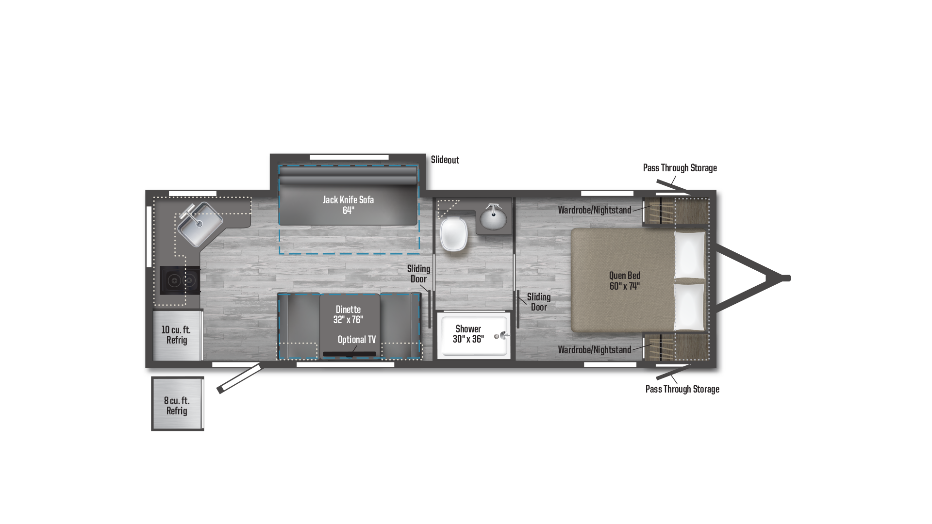 2025 Winnebago M-Series 2326RK floor plan diagram — Rear Kitchen, sleeps 4