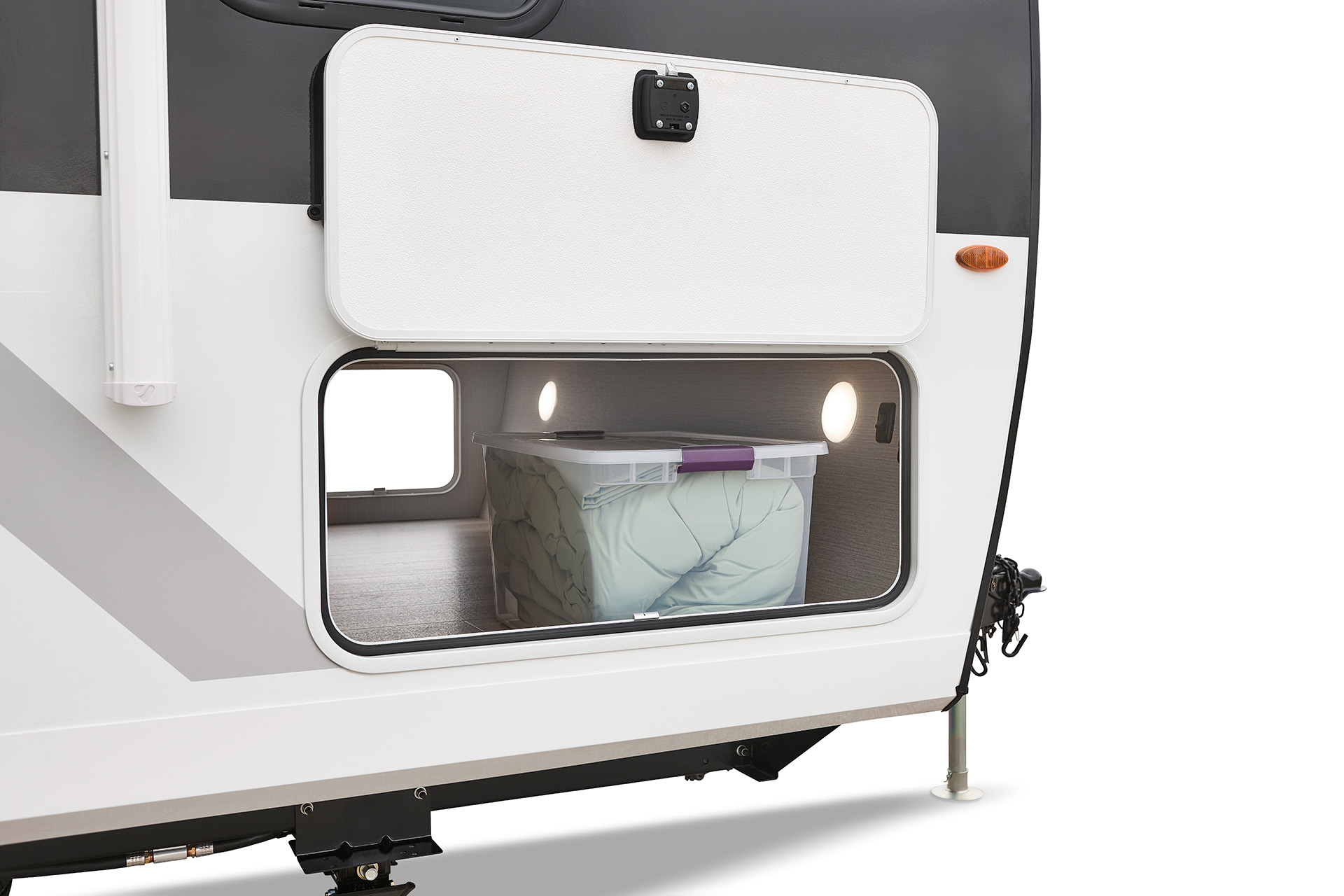 2026 Winnebago Thrive 22RBS — Close up of the spacious exterior storage compartment in a Winnebago Thrive 18FBS