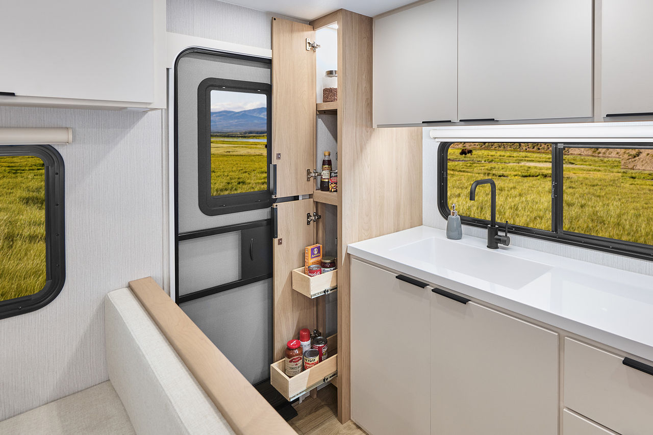 2026 Winnebago Thrive 24RKS — Thrive 24RKS Galley Pantry with Adjustable Shelves and Pull-Out Storage
