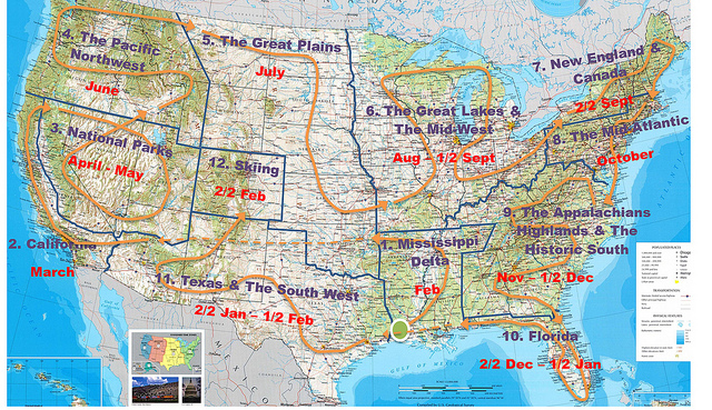 Road trip route across the United States.
