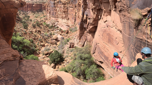 Woman repelling down a canyon edge.