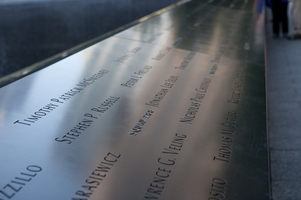 Names on plaque at the 9/11 memorial in New York City.