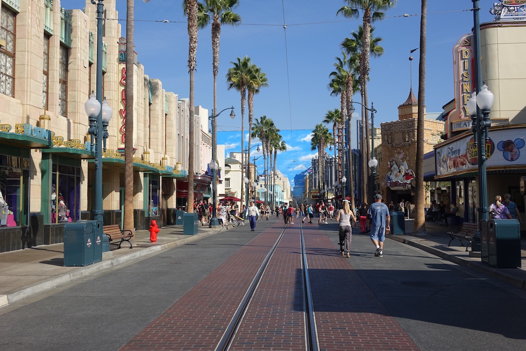 People walking along downtown LA at Disneyland.