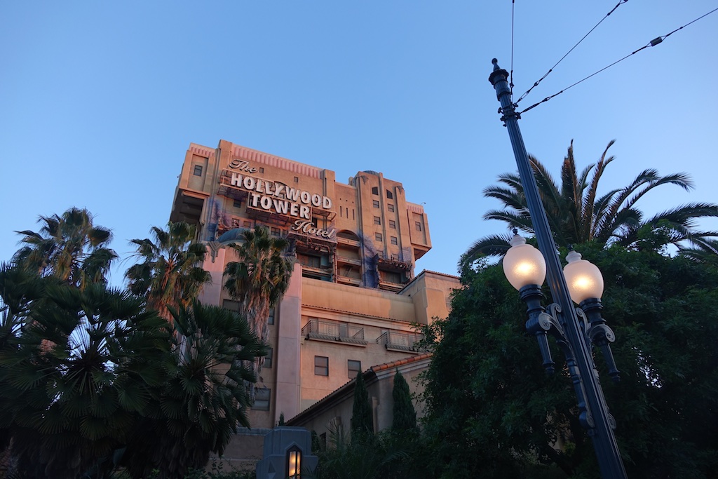 Hollywood Tower with palm trees below at Disneyland.