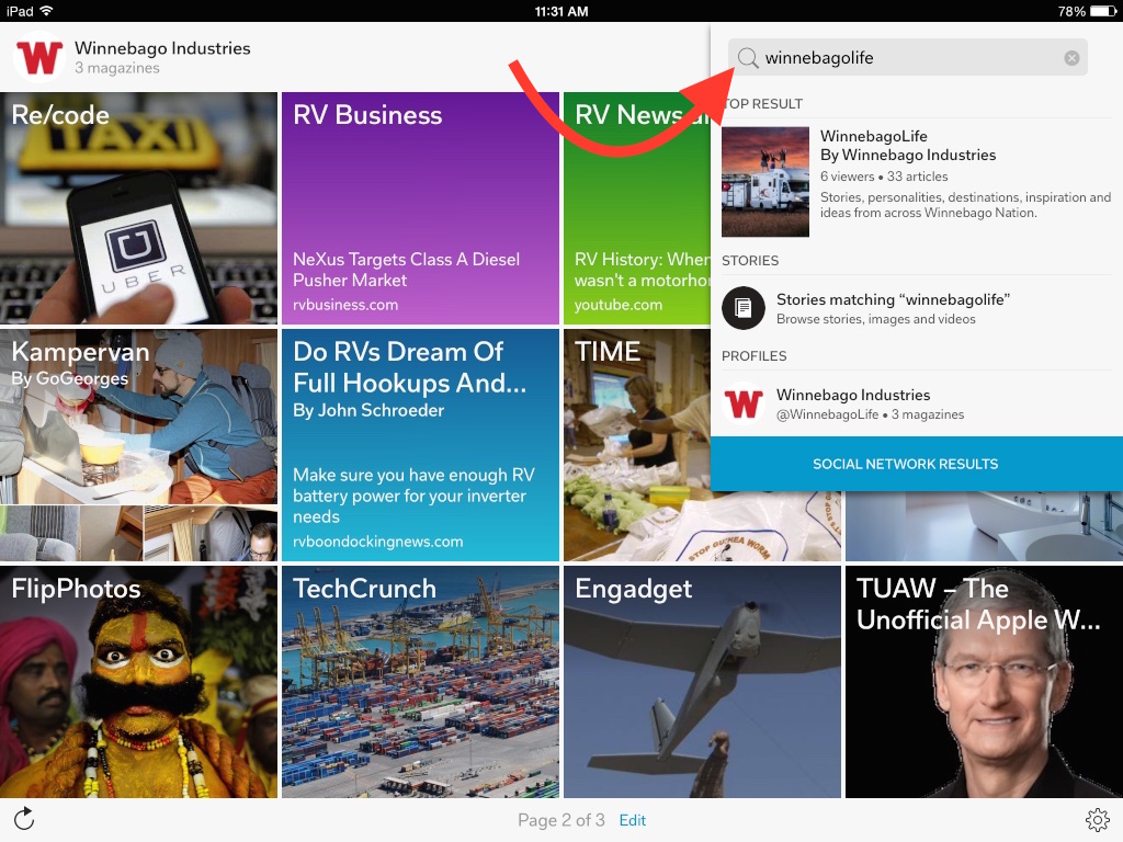 Flipboard Screen Shot with Winnebago Industries in the search bar.