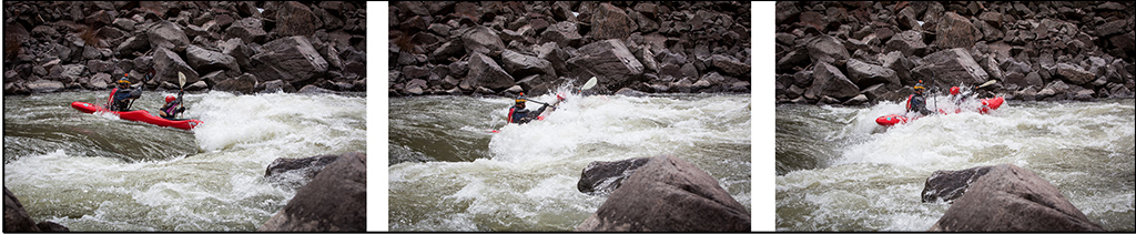 Series of 3 photos of Peter and Abby going over the first rapid.