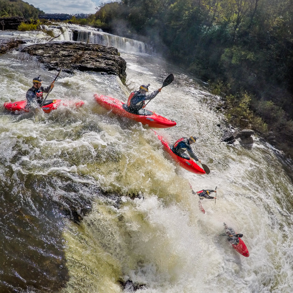 Multiple exposure shot of Peter kayaking down rapids