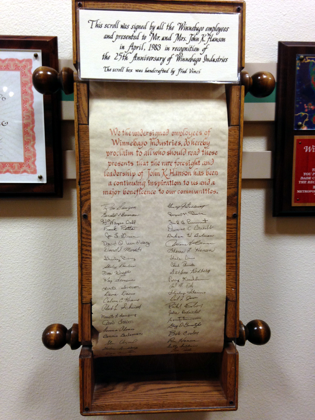Scroll signed by all Winnebago employees in 1983. 