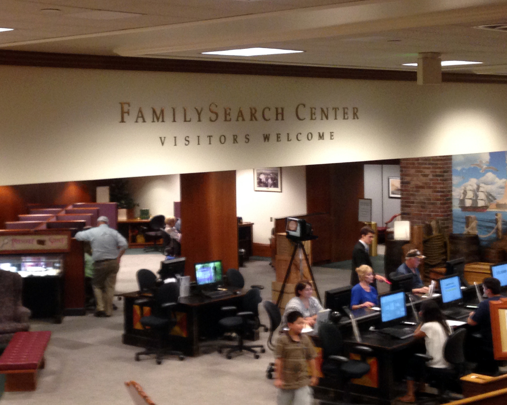 People on computers in the FamilySearch Center