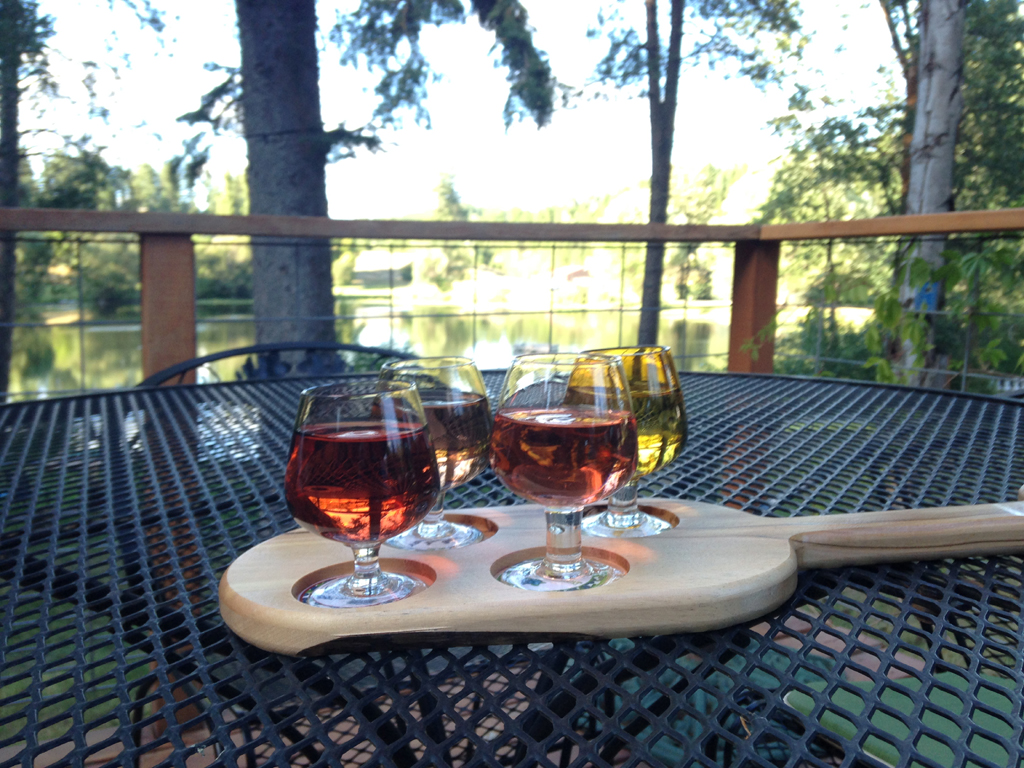 Flight of 4 wine samples sitting on a table with a view overlooking the lake.