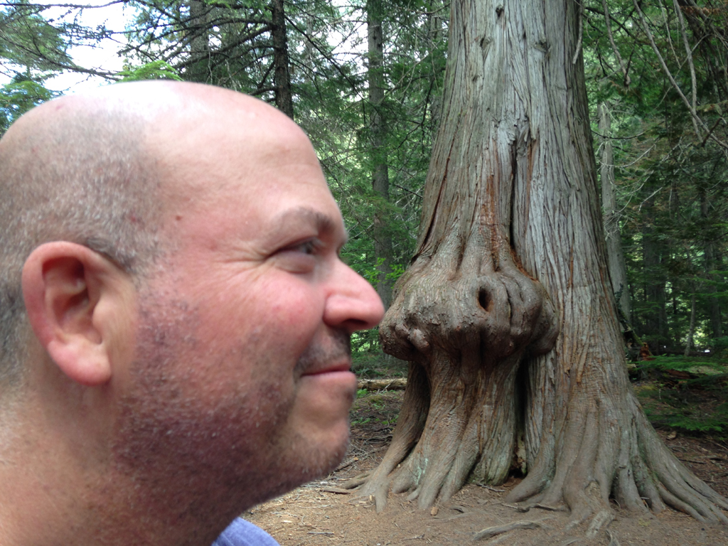 Man with his nose pointed next to tree that appears to have a nose-like growth.
