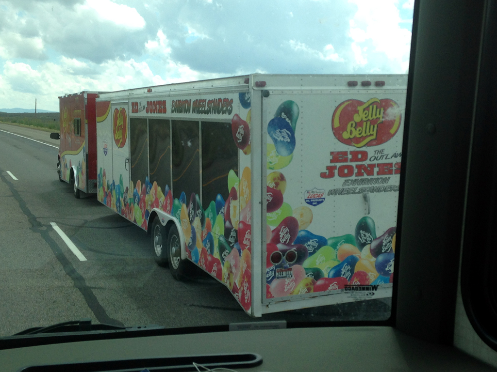 Passing a Jelly Belly truck and trailer on the highway.