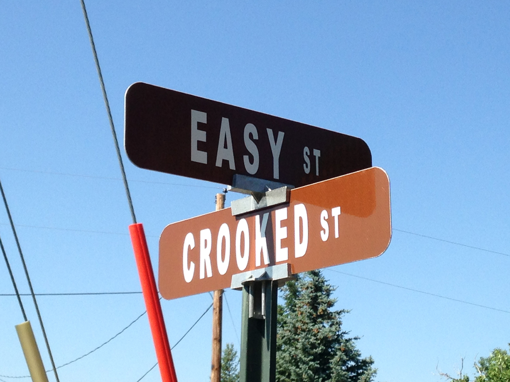 Street signs reading "Easy St" and "Crooked St."