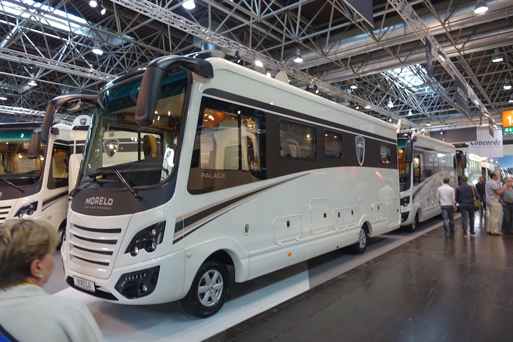Morelo Class A motorhomes in show display.