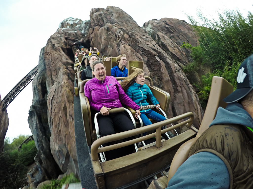 Kathy and Abby screaming while riding a roller coaster. 