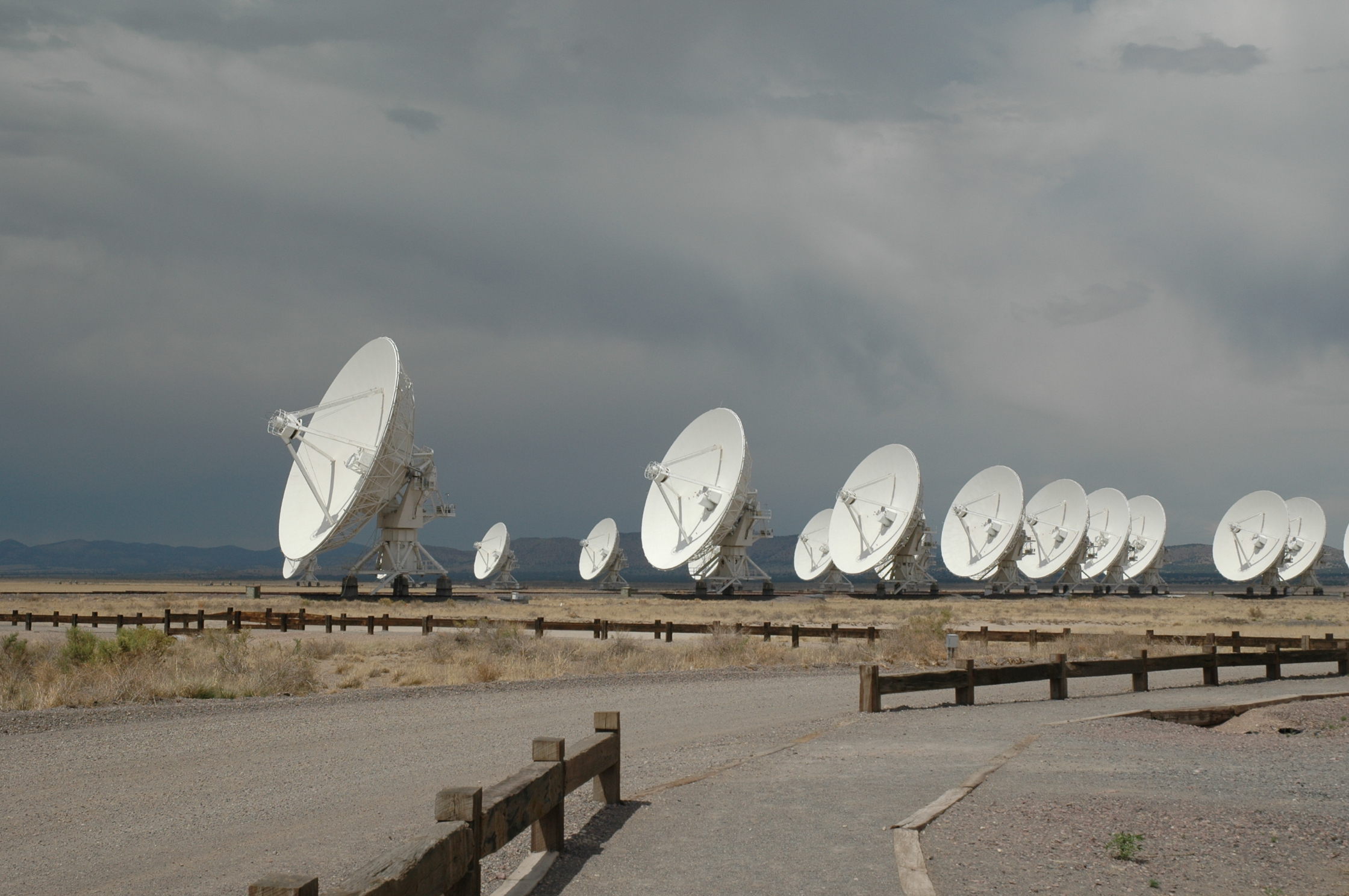Field with a number of large satellites at the National Radio Astronomy Observatory Very Large Array.