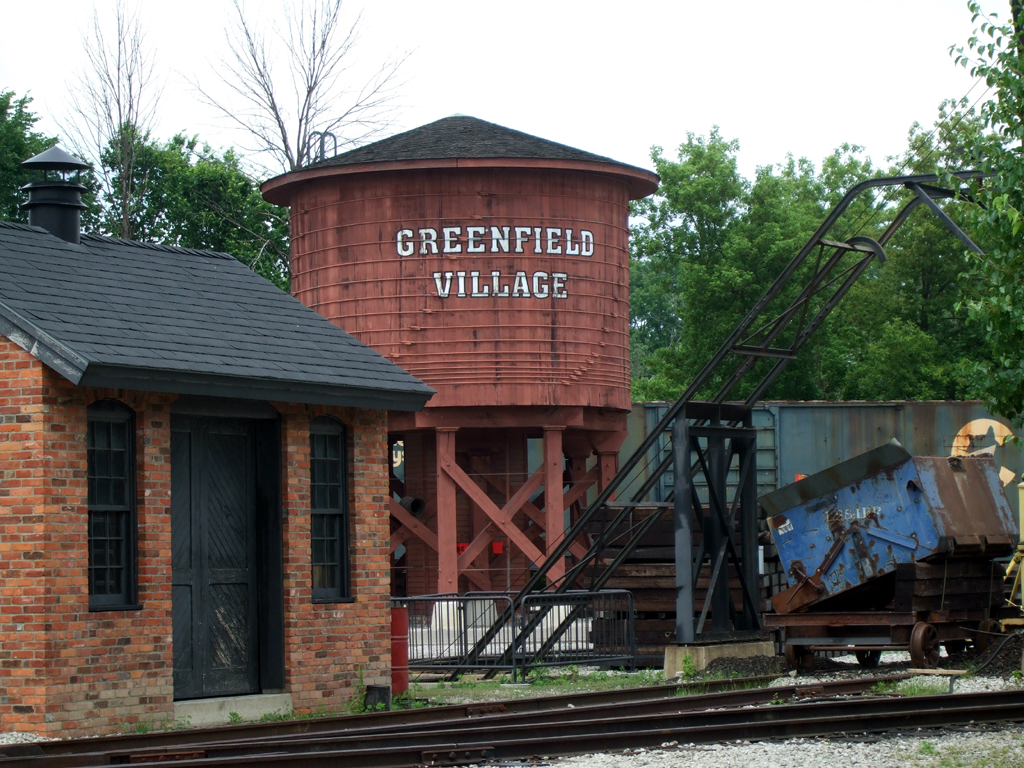 Small water tower that reads Greenfield Village.