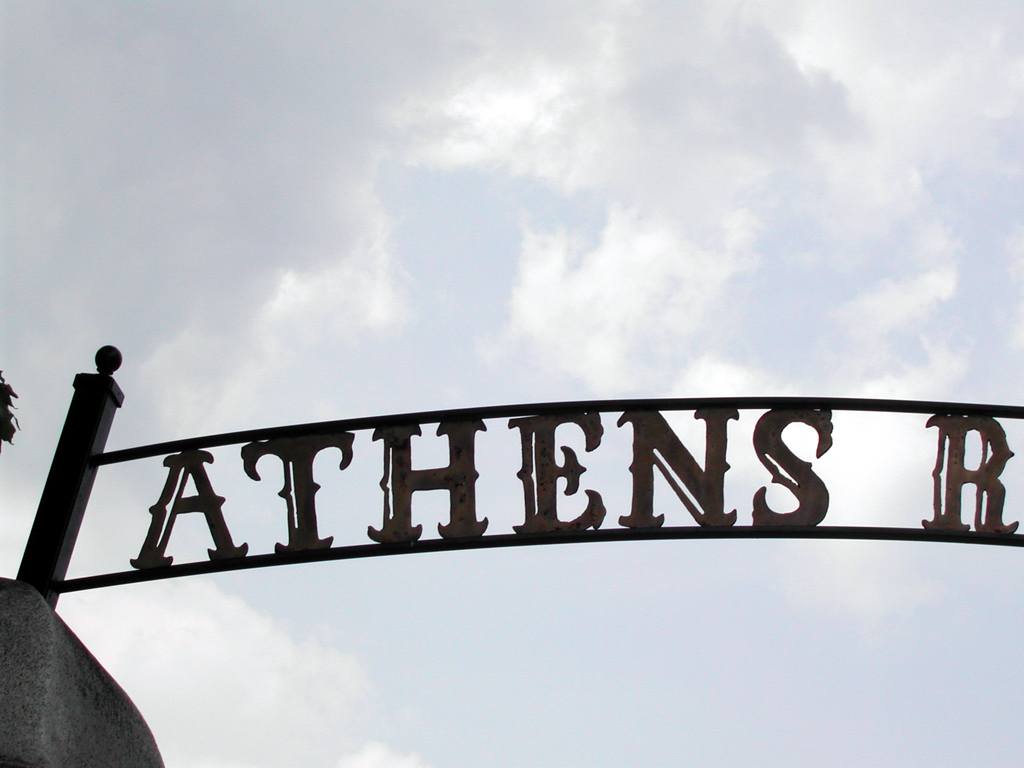Sign across the road for Athens.